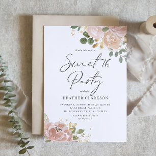 Boho Waterverf Mauve Peach Flowers Sweet 16 Party Kaart