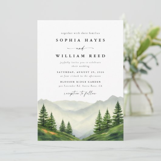 Boho Waterverf Mountain bruiloft Kaart (Staand voorkant)