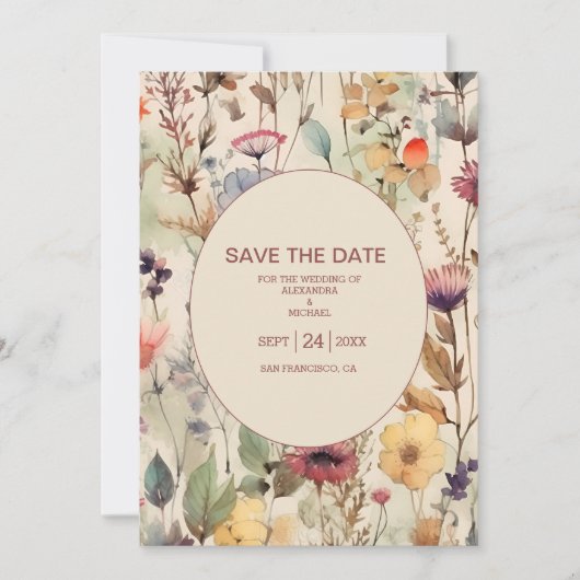 Boho Waterverf Muted Tones Wildbloemen Save The Date (Voorkant)