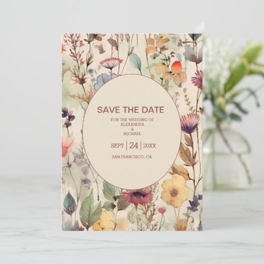 Boho Waterverf Muted Tones Wildbloemen Save The Date (Staand voorkant)