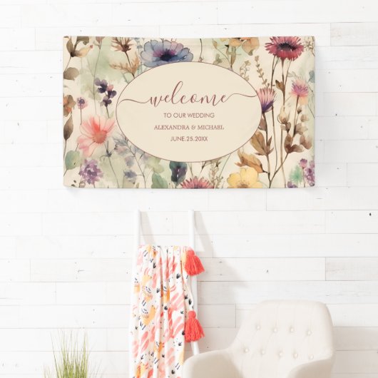 Boho Waterverf Muted Tones Wildflower Wedding Spandoek (Insitu)