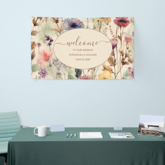 Boho Waterverf Muted Tones Wildflower Wedding Spandoek (Beurs)