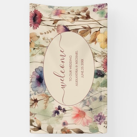 Boho Waterverf Muted Tones Wildflower Wedding Spandoek (Verticaal)