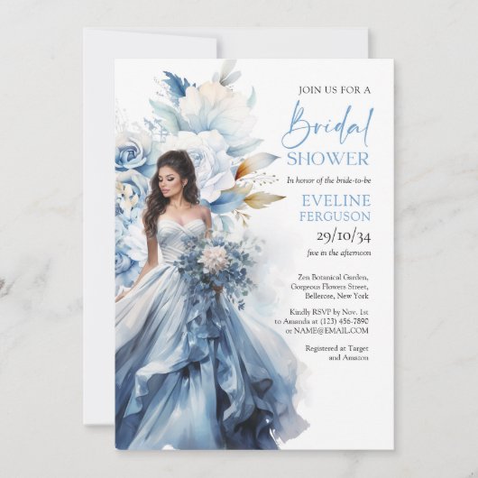 Boho waterverf navy en witte bloem bruidsjurk kaart (Voorkant)
