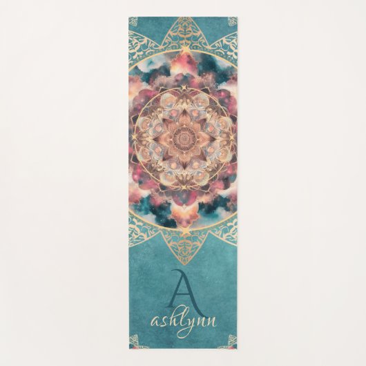 Boho Waterverf Nebula Gouden Bloem Mandala Yogi Yogamat (Voorkant)