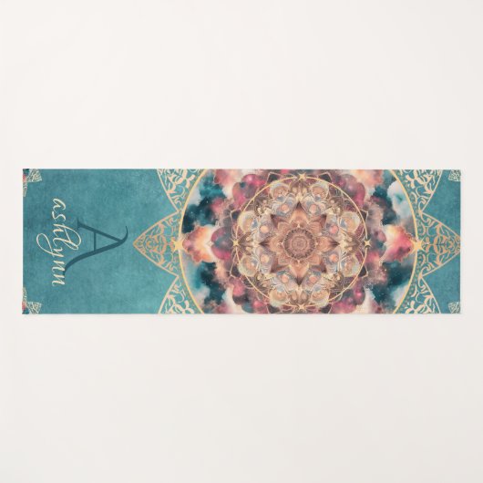 Boho Waterverf Nebula Gouden Bloem Mandala Yogi Yogamat (Voorkant (horizontaal))
