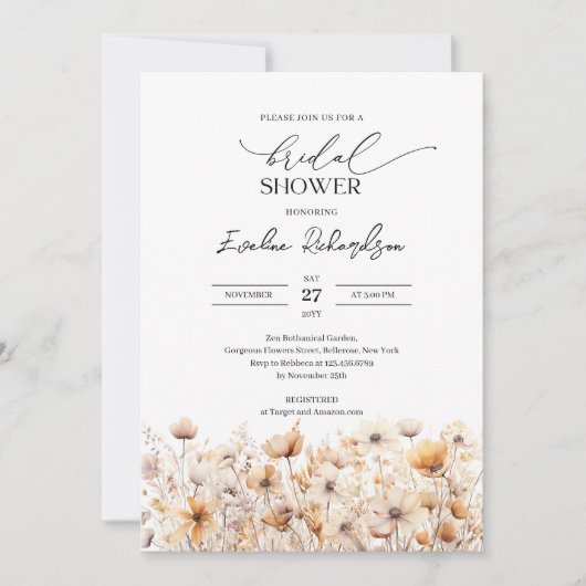 Boho waterverf neutraal kleuren wilde bloemen brui kaart (Voorkant)