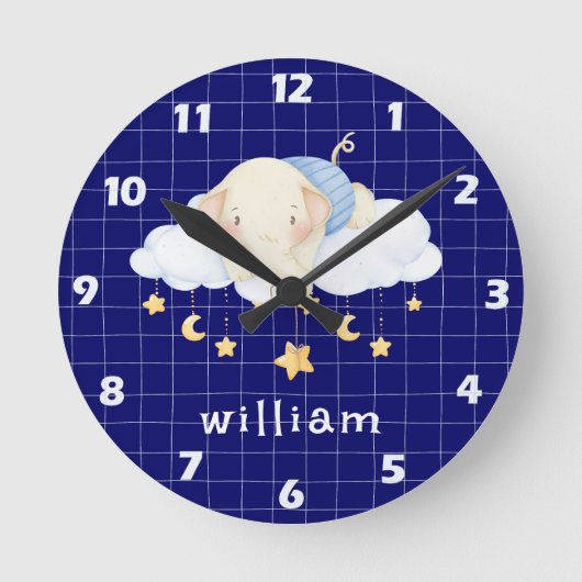 Boho Waterverf Olifant Clouds Navy Blue Nursery Ronde Klok (Voorkant)