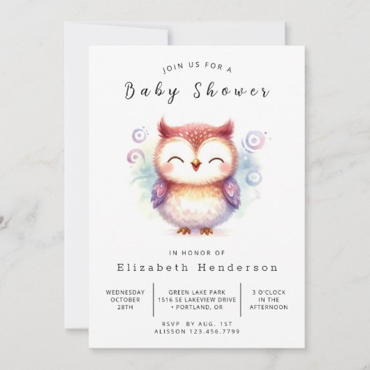 Boho Waterverf Owl Baby shower Kaart (Voorkant)