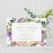 Boho Waterverf Paarse Sinaasappel Bloemen Bruiloft Kaart (Staand voorkant)