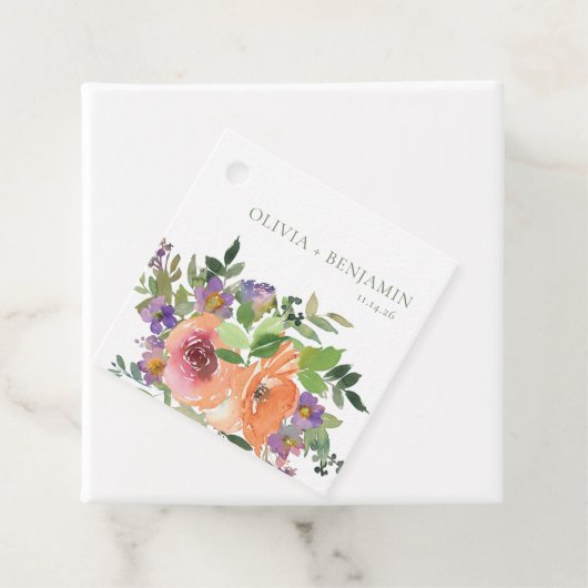 Boho Waterverf Paarse Sinaasappel Bloemen Trouwnam Bedankjes Labels (In situ)