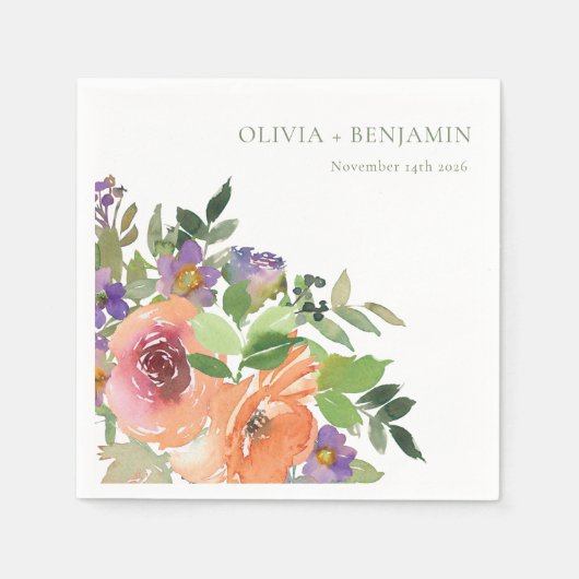 Boho Waterverf Paarse Sinaasappel Bloemen Trouwnam Servet (Voorkant)