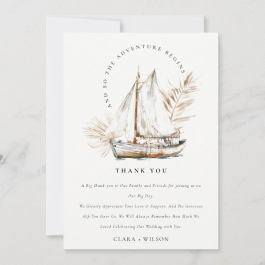 Boho Waterverf Palm zeilboot Zeegezicht Bruiloft Bedankkaart (Voorkant)