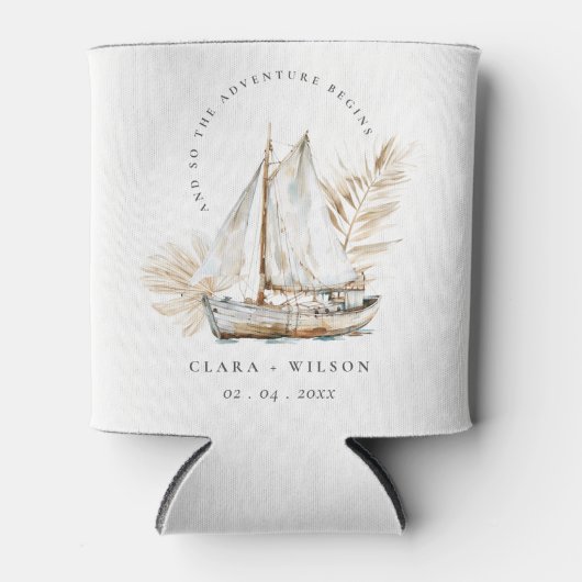Boho Waterverf Palm zeilboot Zeegezicht Bruiloft Blikjeskoeler (Voorkant)