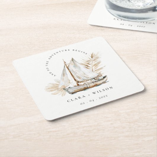 Boho Waterverf Palm zeilboot Zeegezicht Bruiloft Kartonnen Onderzetters (Schuin)