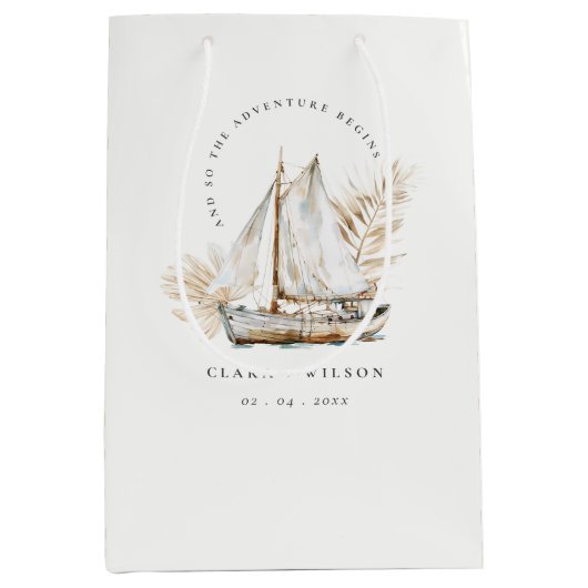 Boho Waterverf Palm zeilboot Zeegezicht Bruiloft Medium Cadeauzakje (Voorkant)