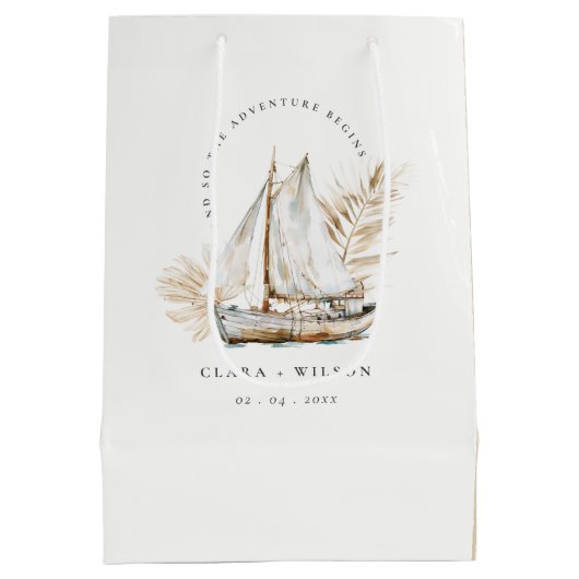 Boho Waterverf Palm zeilboot Zeegezicht Bruiloft Medium Cadeauzakje (Achterkant)