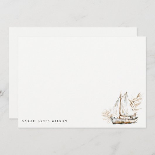 Boho Waterverf Palm zeilboot Zeegezicht Bruiloft Notitiekaartje (Voorkant / Achterkant)