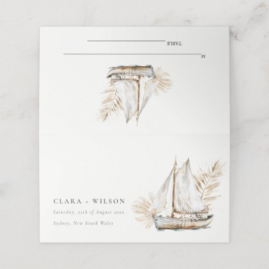 Boho Waterverf Palm zeilboot Zeegezicht Bruiloft Plaatskaartje (Buitenkant ongevouwen)
