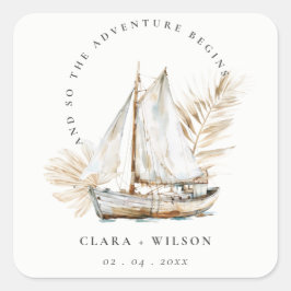 Boho Waterverf Palm zeilboot Zeegezicht Bruiloft Vierkante Sticker