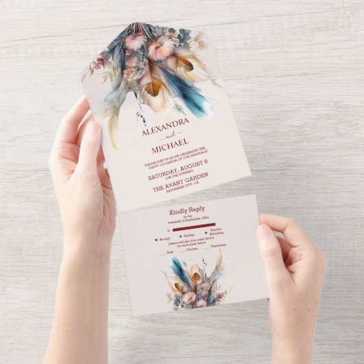 Boho Waterverf Pampas Grass Bruiloft All In One Uitnodiging (Afscheurbaar)