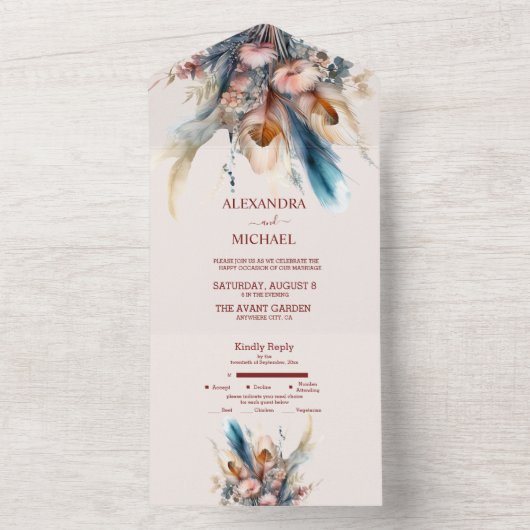 Boho Waterverf Pampas Grass Bruiloft All In One Uitnodiging (Binnen)