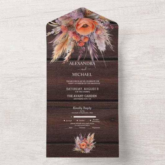 Boho Waterverf Pampas Grass Bruiloft All In One Uitnodiging (Binnen)