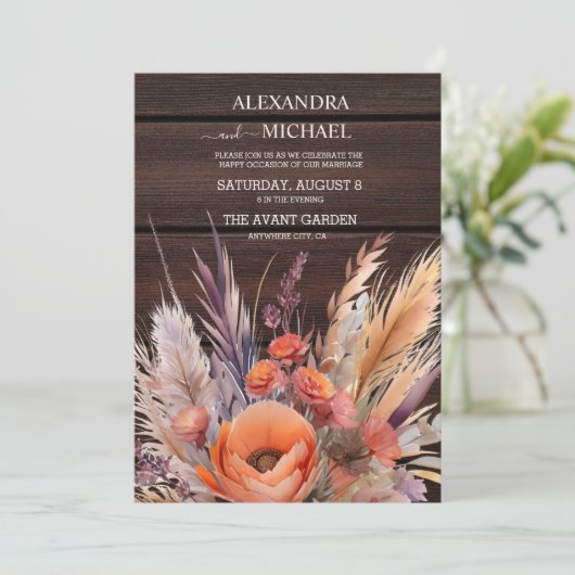 Boho Waterverf Pampas Grass Bruiloft Kaart (Staand voorkant)