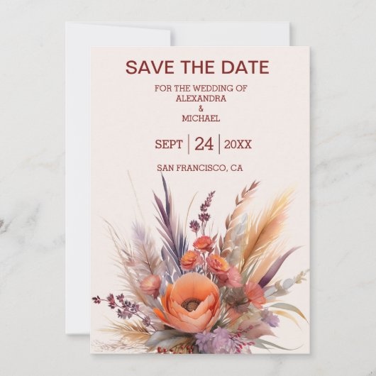 Boho Waterverf Pampas Grass Bruiloft Save The Date (Voorkant)