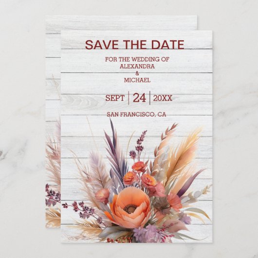 Boho Waterverf Pampas Grass Bruiloft Save The Date (Voorkant / Achterkant)
