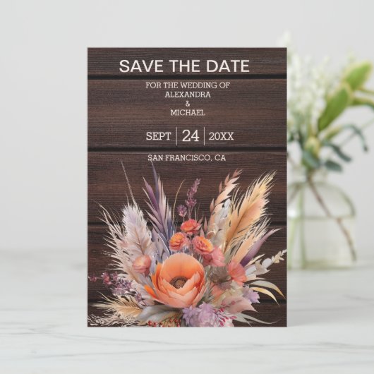 Boho Waterverf Pampas Grass Bruiloft Save The Date (Staand voorkant)