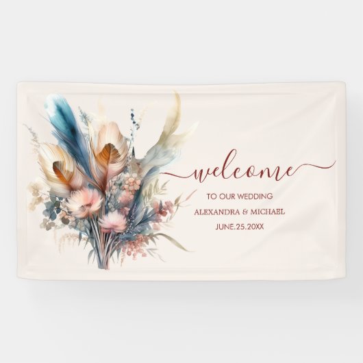 Boho Waterverf Pampas Grass Bruiloft Spandoek (Horizontaal)