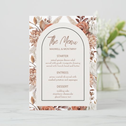 Boho Waterverf Pampas Wedding Menu Kaart (Staand voorkant)