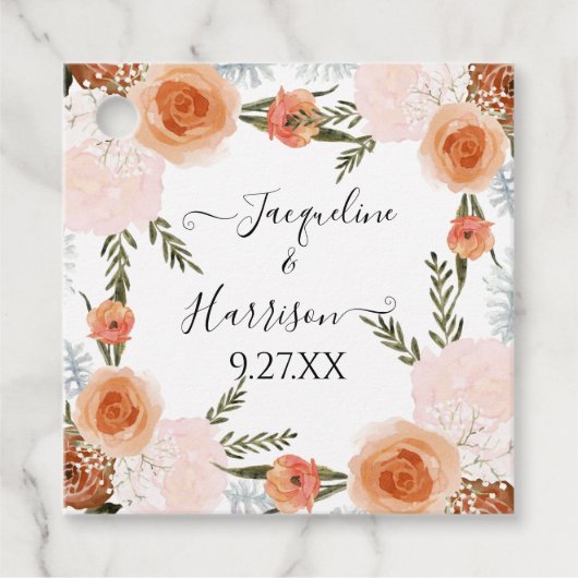 BOHO Waterverf Perzik Bloesem Bloemige Blad Groene Bedankjes Labels (Voorkant)