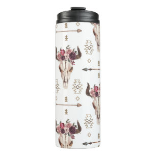 Boho waterverf: pijlen, schedelpatroon. thermosbeker