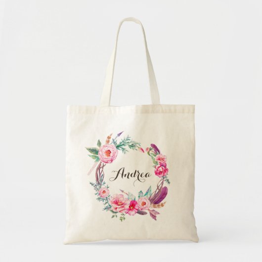 Boho Waterverf Pink Peonies Floral WreatCustom Tote Bag (Voorkant)