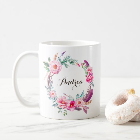 Boho Waterverf Pink Peonies Floral Wreater Koffiemok (Met donut)