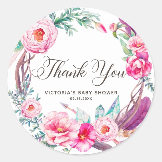 Boho Waterverf Pink Peonies Hartelijk dank Ronde Sticker (Voorkant)