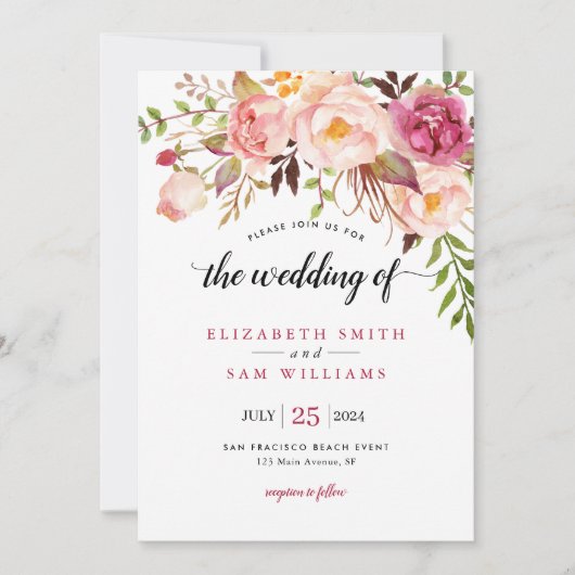 Boho Waterverf Pink Peony Floral Rustic Wedding Kaart (Voorkant)