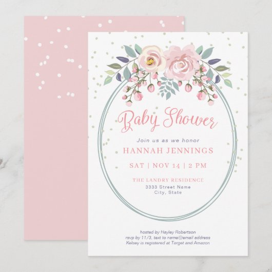 Boho Waterverf Pink Sage Green Floral Baby shower Kaart (Voorkant / Achterkant)