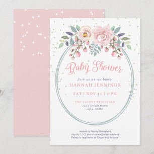 Boho Waterverf Pink Sage Green Floral Baby shower Kaart