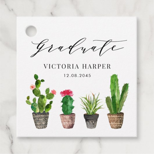 Boho Waterverf Potted Cactus Afstuderen Bedankjes Labels (Voorkant)