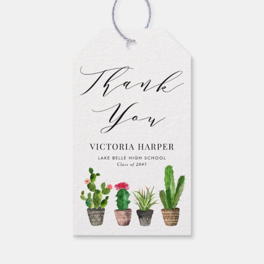 Boho Waterverf Potted Cactus Afstuderen Dank u Cadeaulabel (Achterkant)