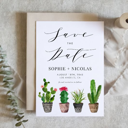 Boho Waterverf Potted Cactus and Succulents Foto Save The Date