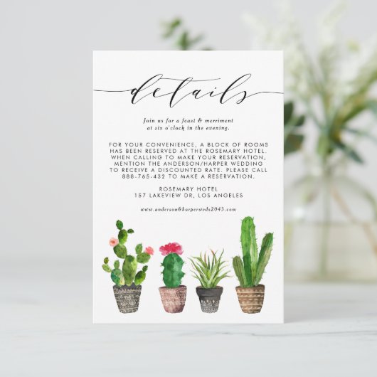 Boho Waterverf Potted Cactus Bruiloft Details Informatiekaartje (Staand voorkant)