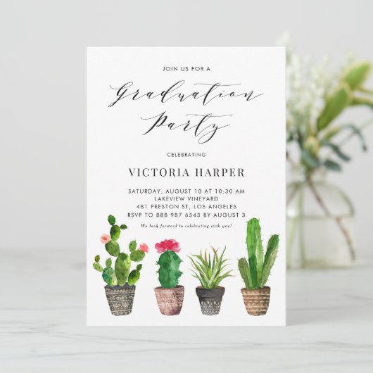 Boho Waterverf Potted Cactus Graduation Party Kaart (Staand voorkant)