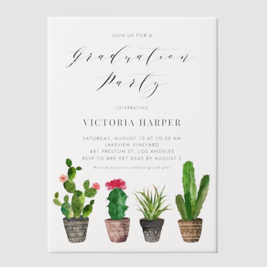 Boho Waterverf Potted Cactus Graduation Party Vellum Uitnodigingen (Voorkant)