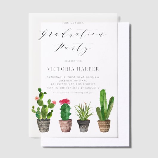 Boho Waterverf Potted Cactus Graduation Party Vellum Uitnodigingen (Offset)