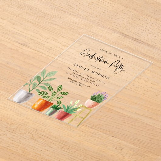 Boho Waterverf Potted Houseplants Afstuderen Acryl Uitnodigingen (Laagn)