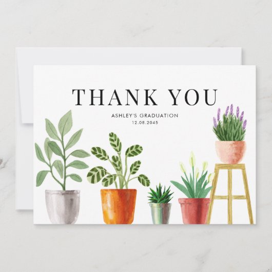 Boho Waterverf Potted Houseplants Afstuderen Bedankkaart (Voorkant)